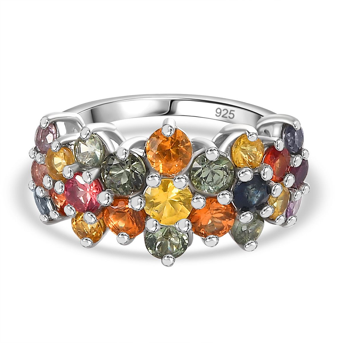 Multi Sapphire Ring in Platinum Overlay Sterling Silver 3.00 Ct.
