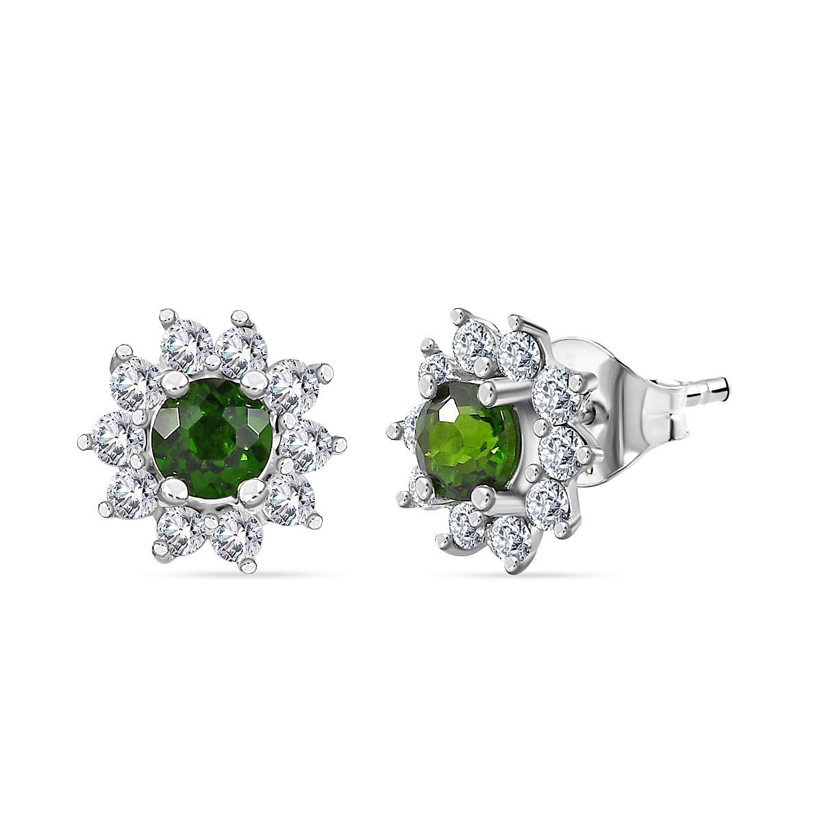 Natural Chrome Diopside & Natural Zircon Halo Stud Earrings in Platinum Overlay Sterling Silver 1.00 Ct.