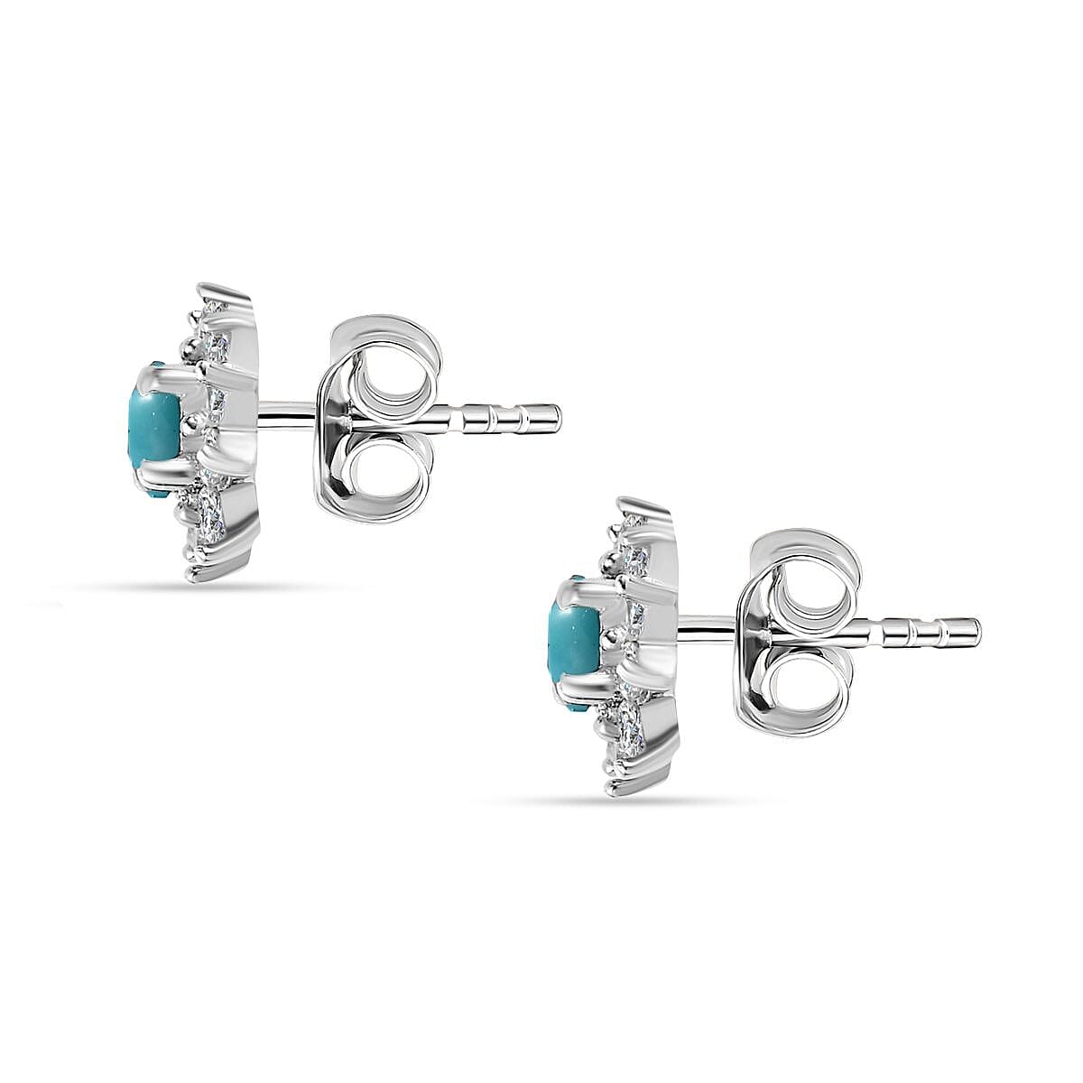 Arizona Sleeping Beauty Turquoise & Natural Zircon Stud Earrings with Push Back in Platinum Overlay Sterling Silver 1.30 Ct. Arizona Sleeping Beauty Turquoise & Natural Zircon Stud Earrings with Push Back in Platinum Overlay Sterling Silver 1.30 Ct.
