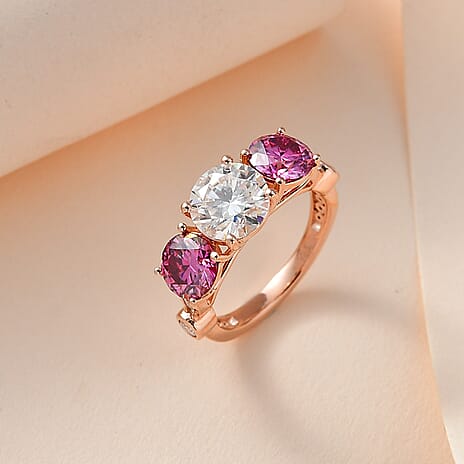 The Trilogy - White & Pink Moissanite Ring in 18K Rose Gold Vermeil Plated Sterling Silver 4.00 Ct.