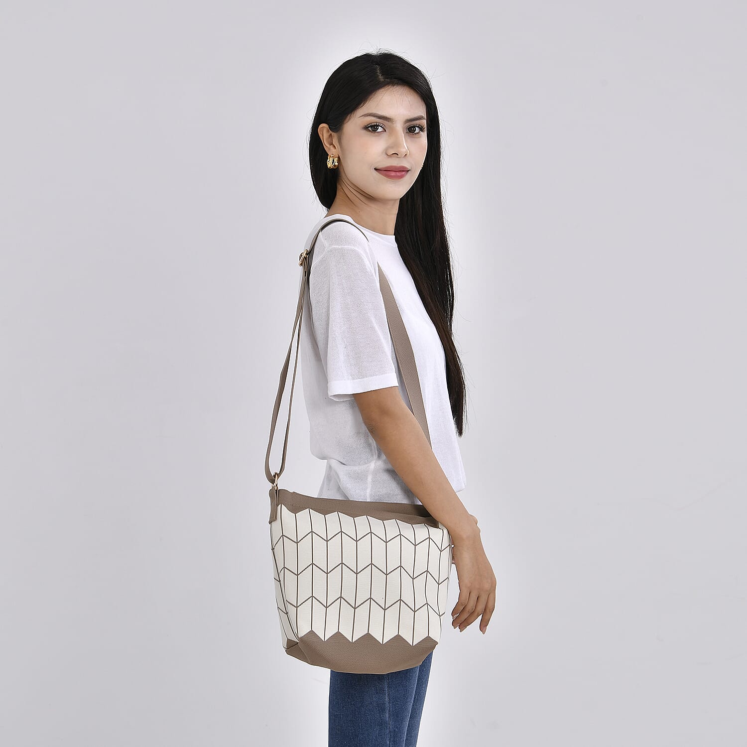 Wheat Pattern Crossbody Bag with Shoulder Strap (120cm) - Brown & White