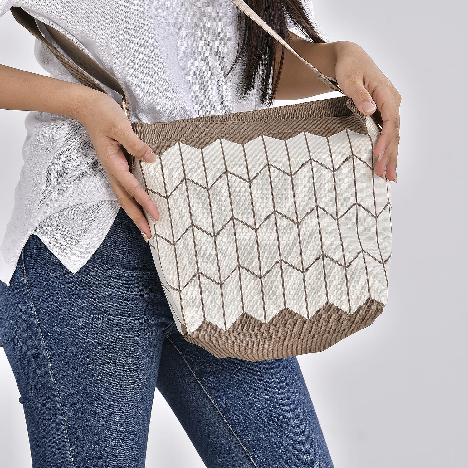 Wheat Pattern Crossbody Bag with Shoulder Strap (120cm) - Brown & White