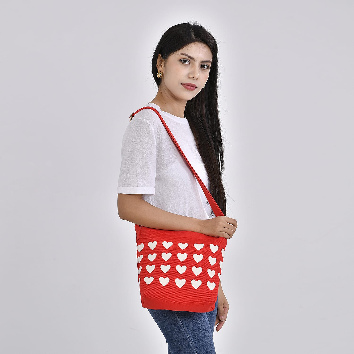 Heart Pattern Crossbody Bag with Shoulder Strap (120cm) - Red & White