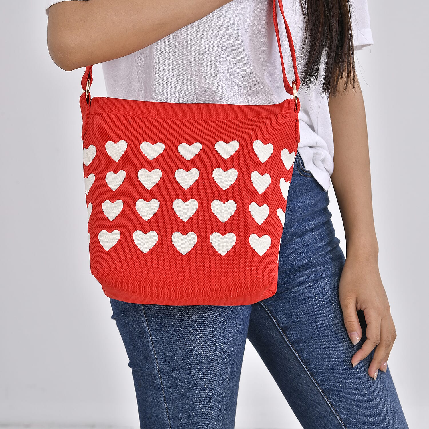 Heart Pattern Crossbody Bag with Shoulder Strap (120cm) - Red & White