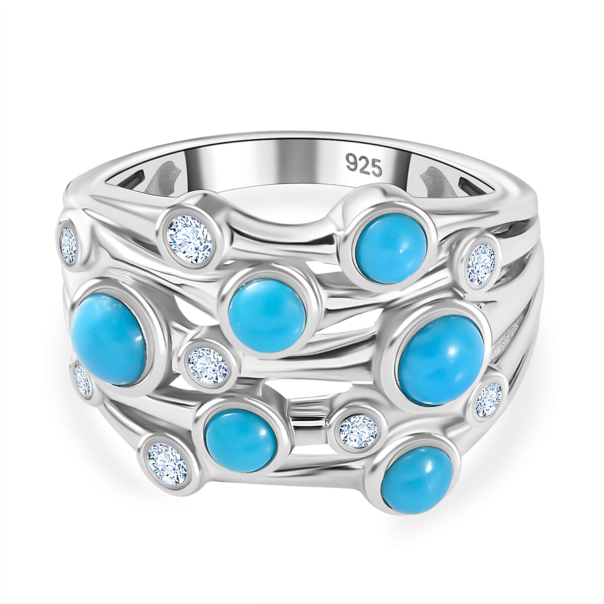 Tucson Special  - Sleeping Beauty Turquoise and Natural Zircon Bubble Ring in Platinum Overlay Sterling Silver