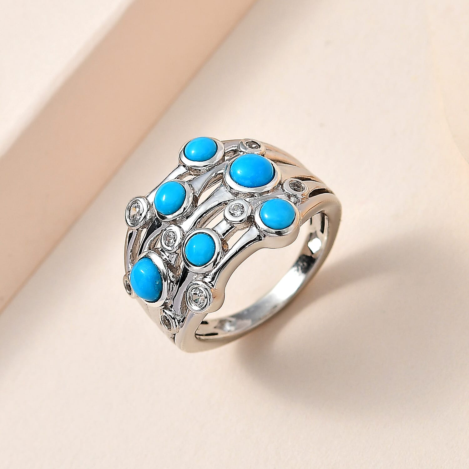 Tucson Special  - Sleeping Beauty Turquoise and Natural Zircon Bubble Ring in Platinum Overlay Sterling Silver