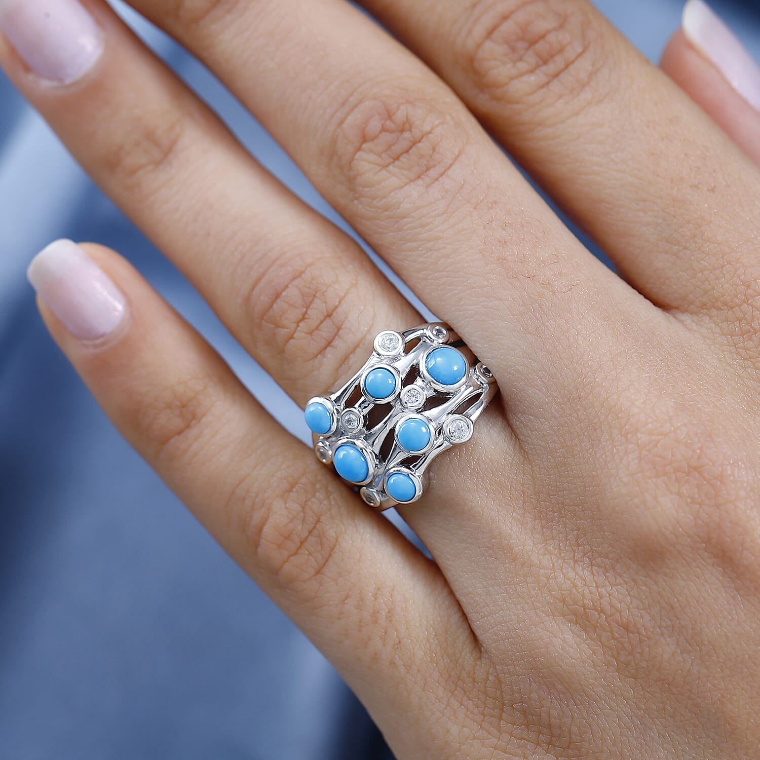 Tucson Special  - Sleeping Beauty Turquoise and Natural Zircon Bubble Ring in Platinum Overlay Sterling Silver