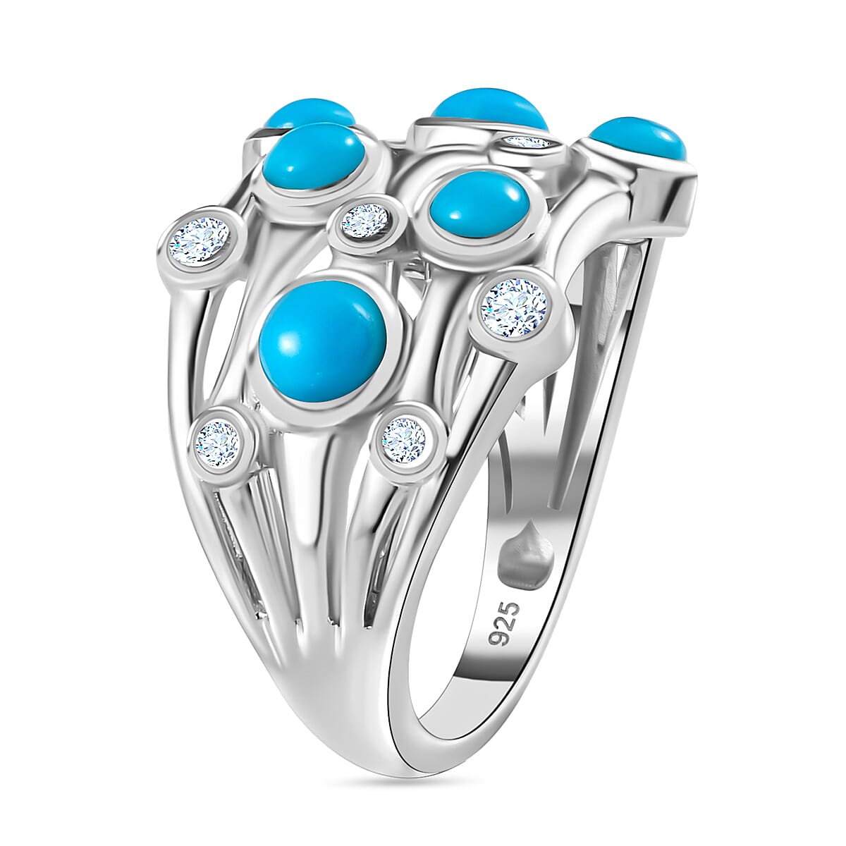 Tucson Special  - Sleeping Beauty Turquoise and Natural Zircon Bubble Ring in Platinum Overlay Sterling Silver