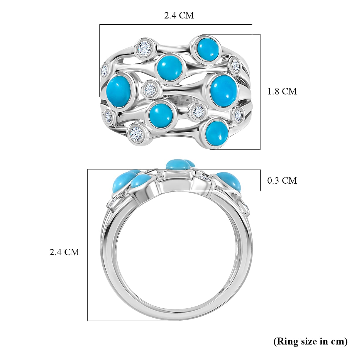 Tucson Special  - Sleeping Beauty Turquoise and Natural Zircon Bubble Ring in Platinum Overlay Sterling Silver