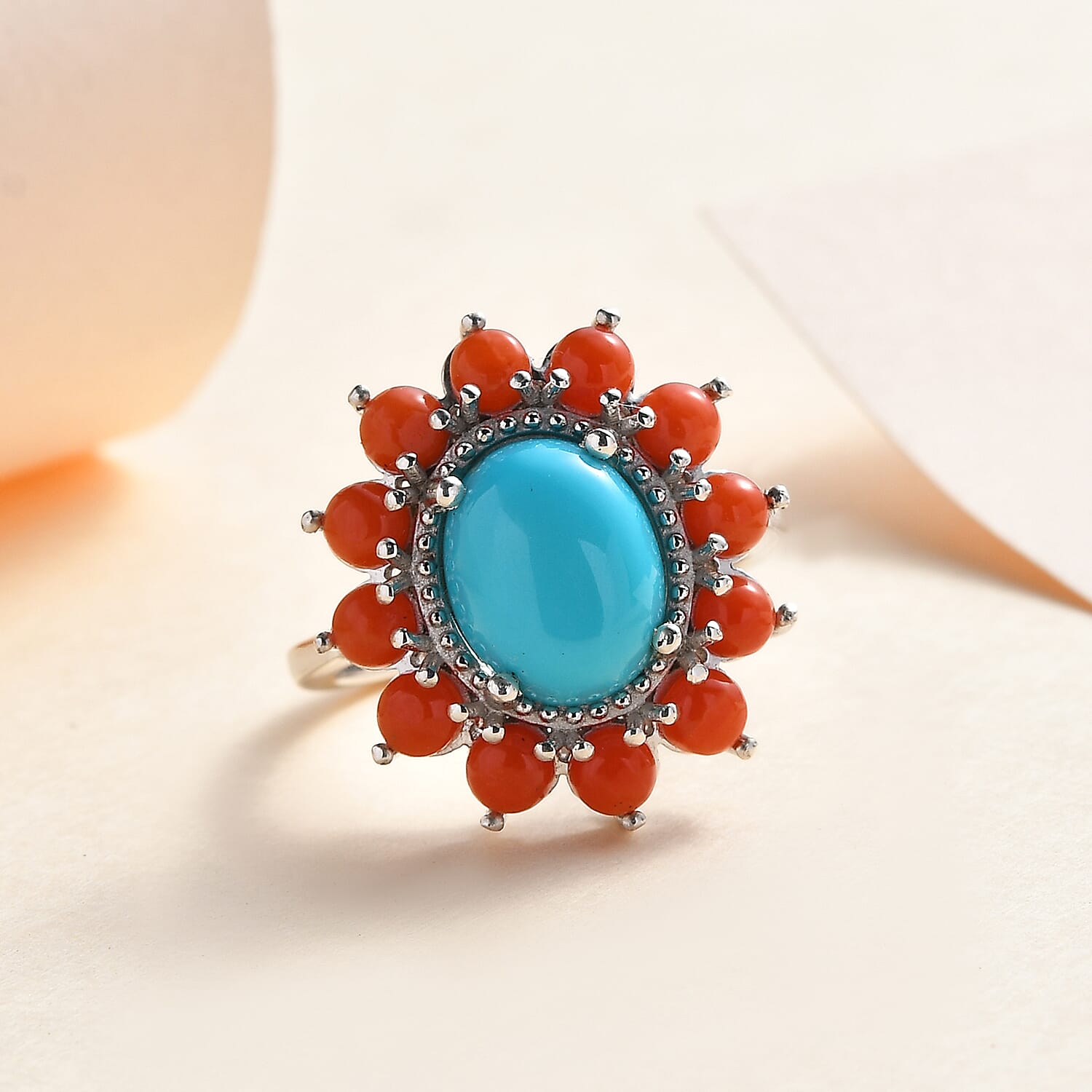 Tucson Special - Arizona Sleeping Beauty Turquoise and Coral Ring in Platinum Overlay Sterling Silver 5.20 Ct.