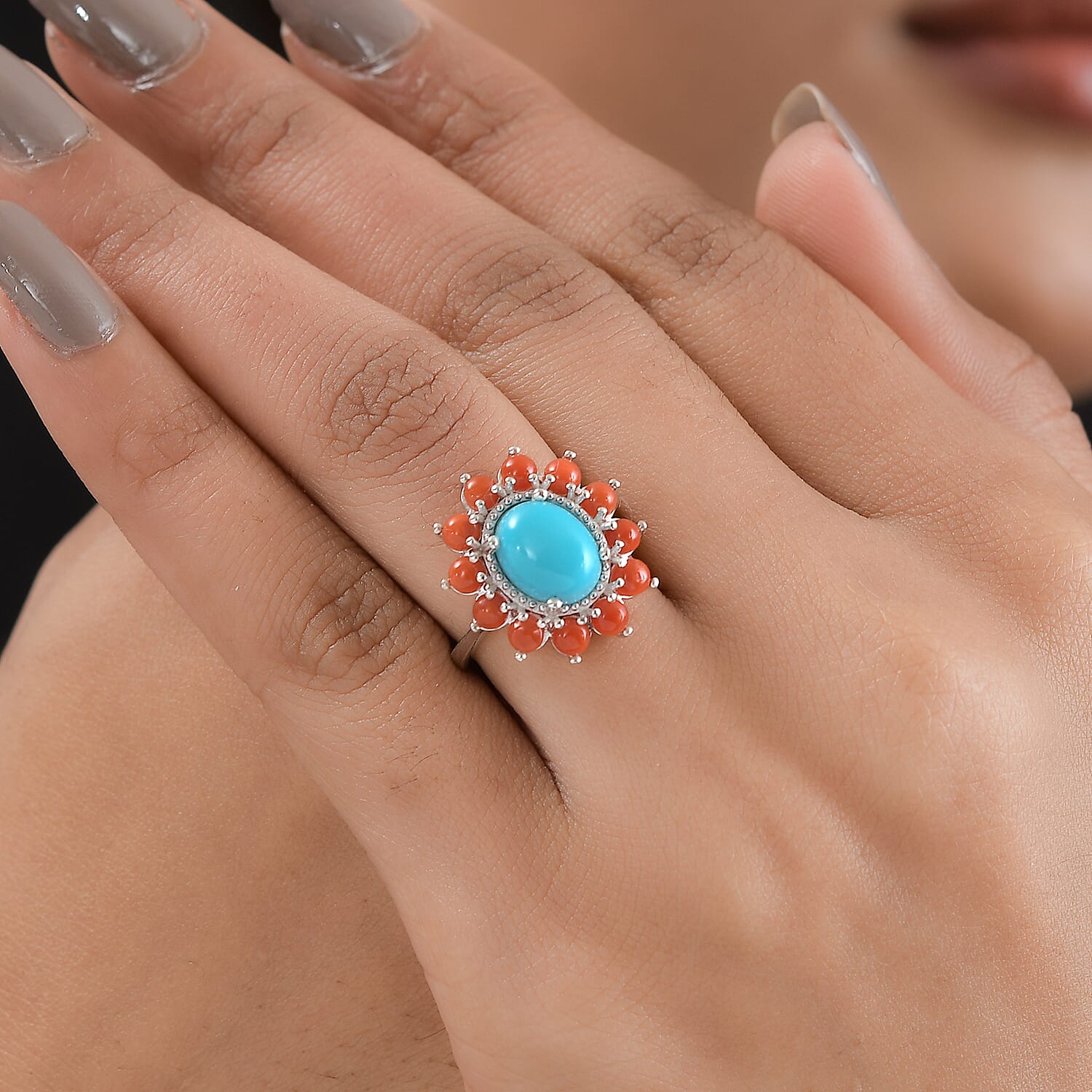 Tucson Special - Arizona Sleeping Beauty Turquoise and Coral Ring in Platinum Overlay Sterling Silver 5.20 Ct.
