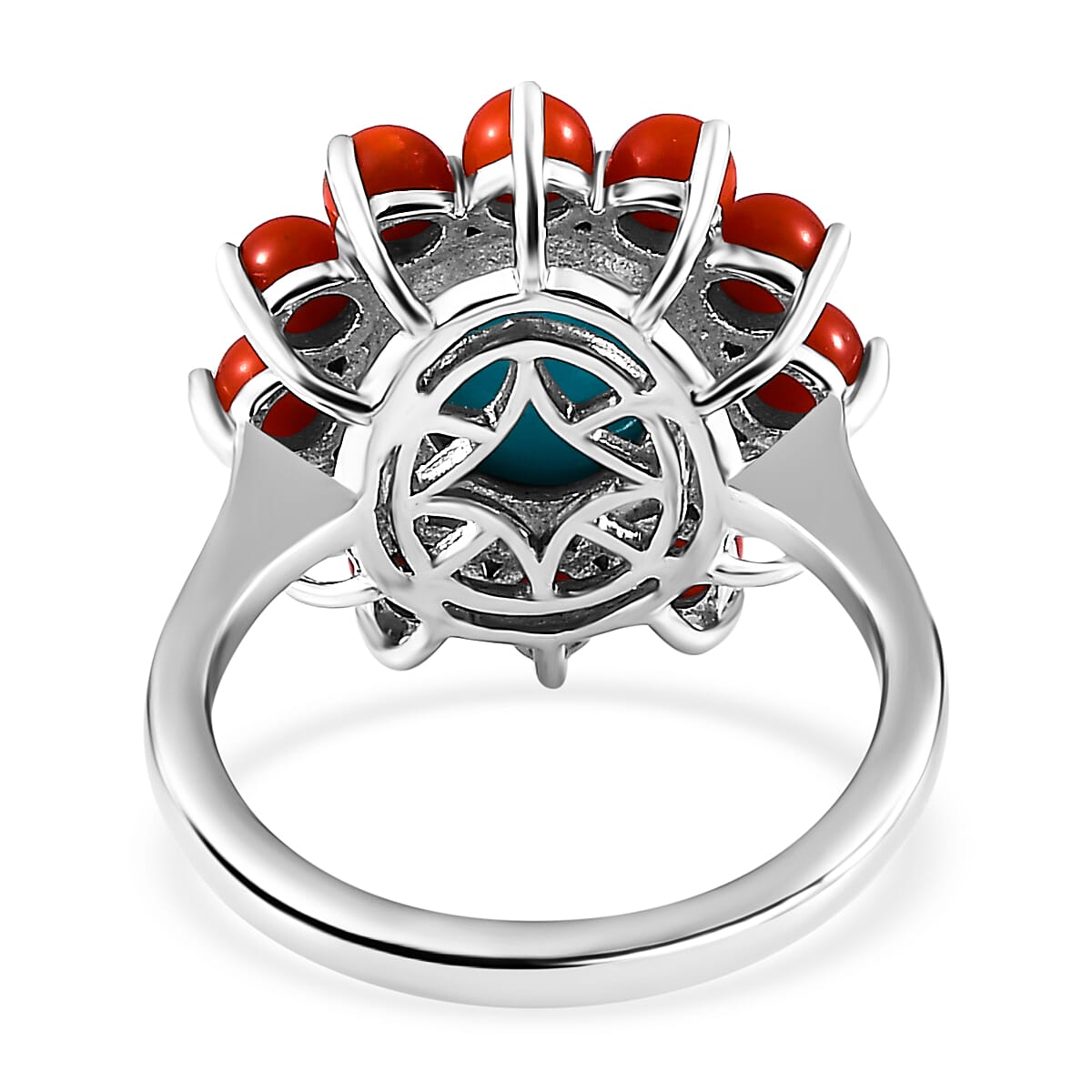 Tucson Special - Arizona Sleeping Beauty Turquoise and Coral Ring in Platinum Overlay Sterling Silver 5.20 Ct.
