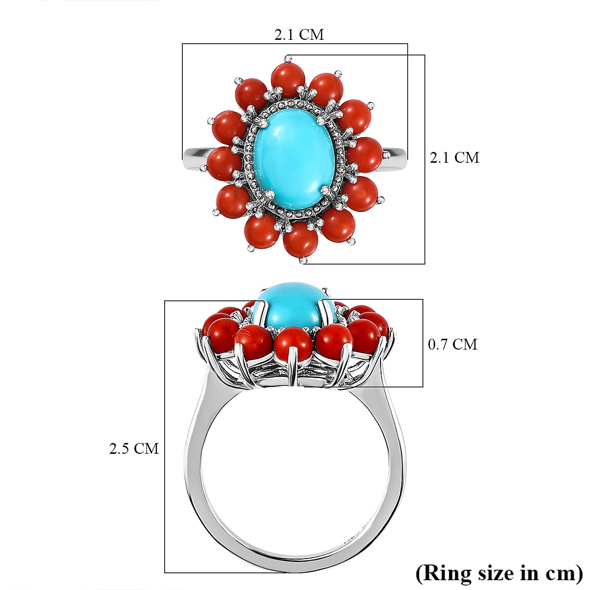 Tucson Special - Arizona Sleeping Beauty Turquoise and Coral Ring in Platinum Overlay Sterling Silver 5.20 Ct.