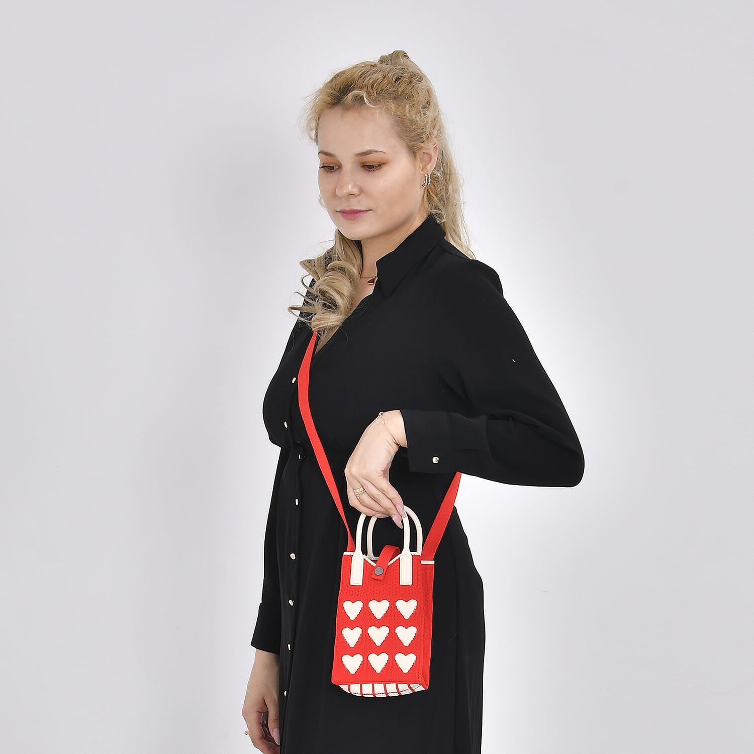Heart Pattern Crossbody Bag with Handle Drop (Size 11.5x5x16 cm) - Red & White