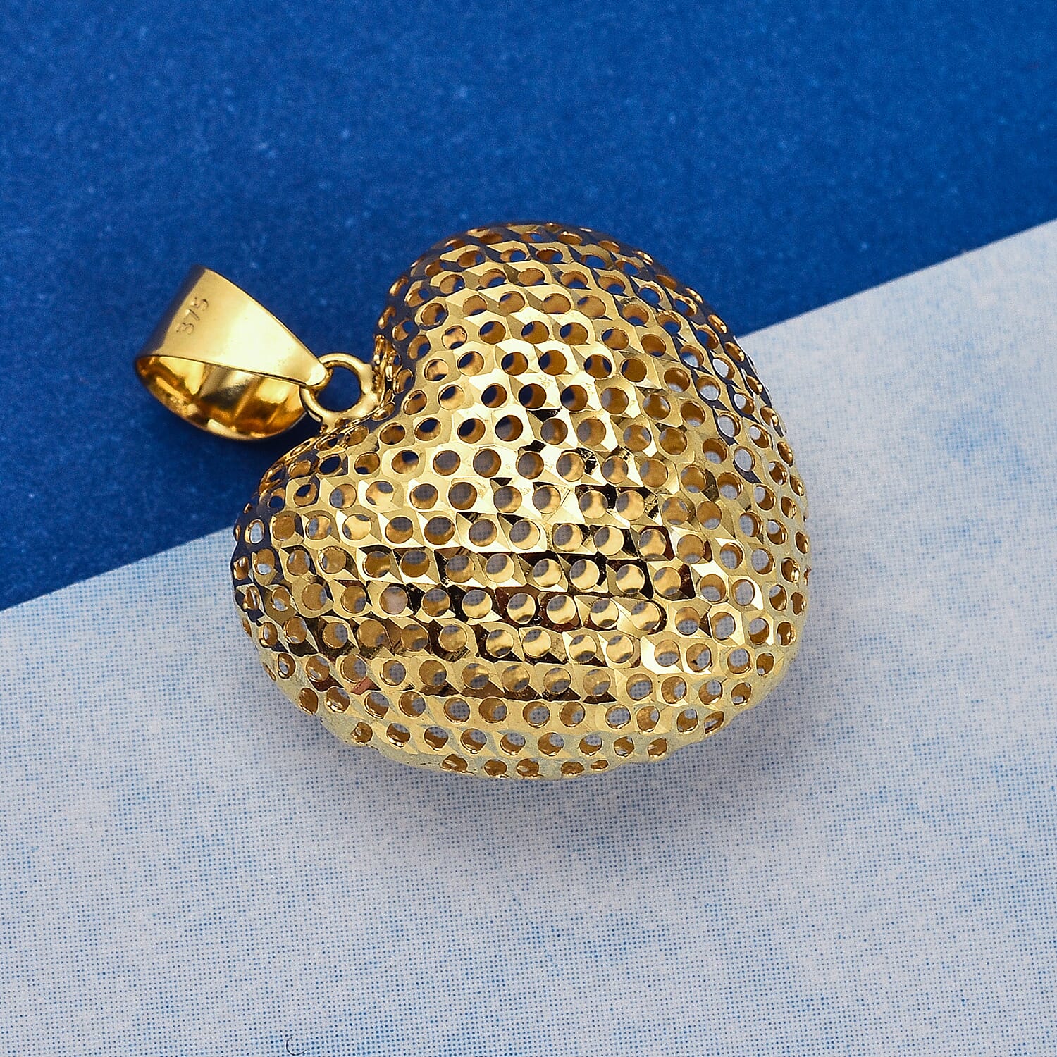  9K Yellow Gold Puff Mesh Heart Pendant