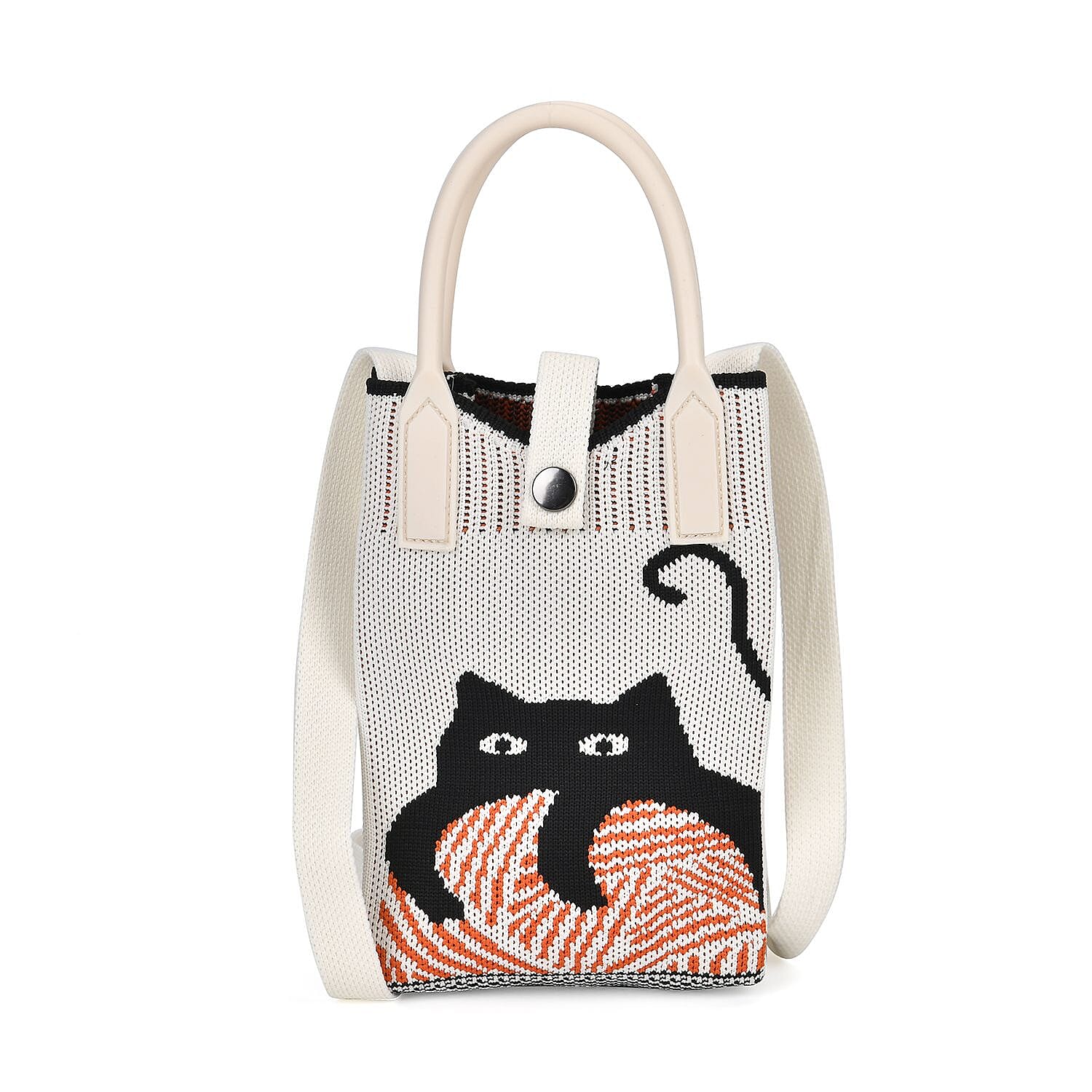 Cat Print Crossbody Bag with Handle Drop (Size 11.5x5x16 cm) - White