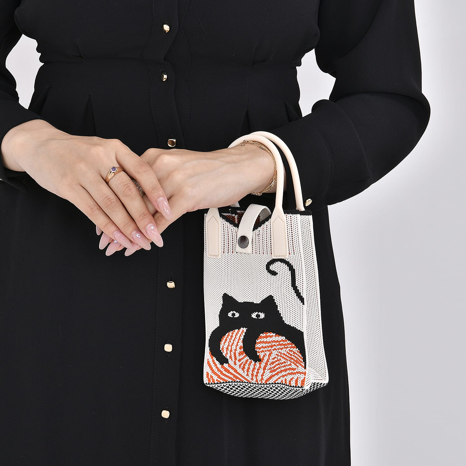 Cat Print Crossbody Bag with Handle Drop (Size 11.5x5x16 cm) - White
