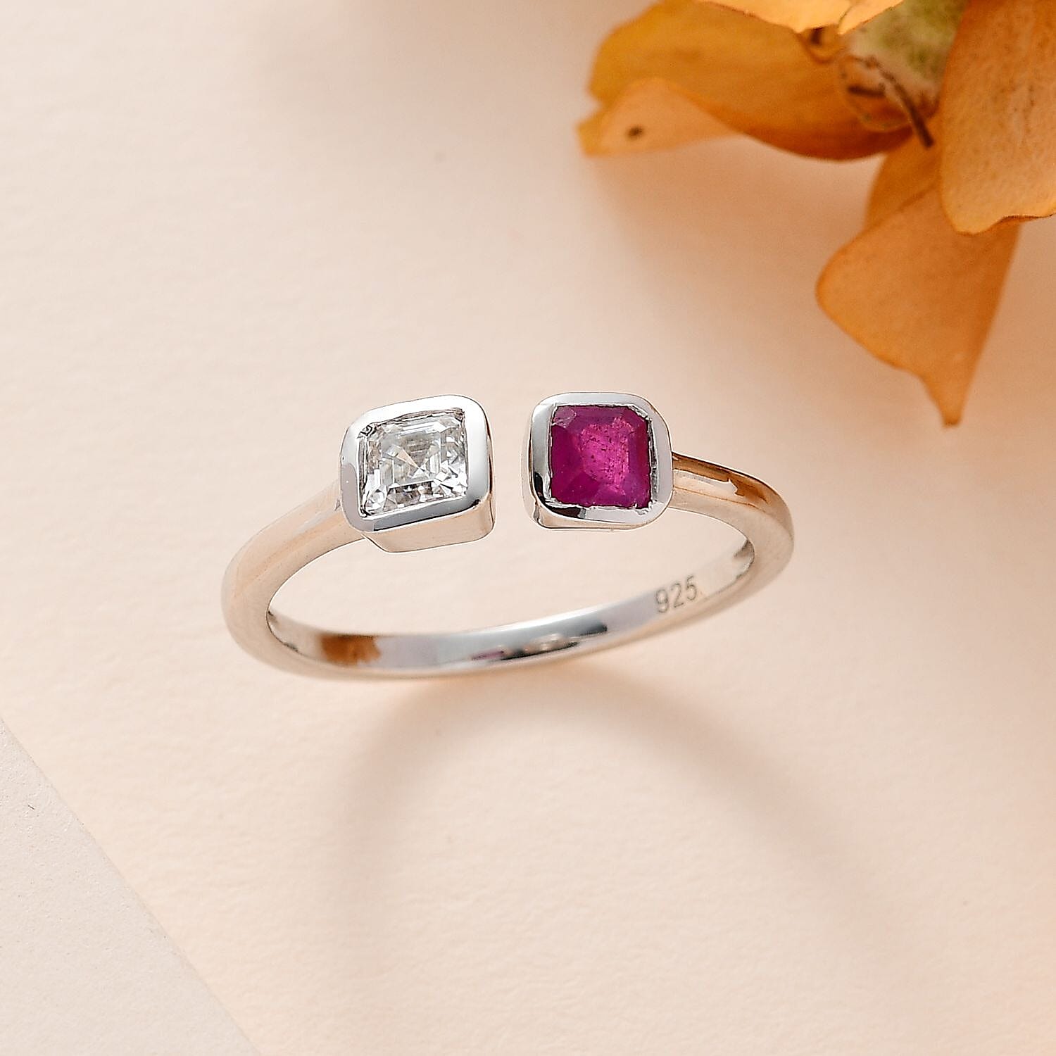 Ruby Asscher & Moissanite Cuff Ring in Platinum Overlay Sterling Silver
