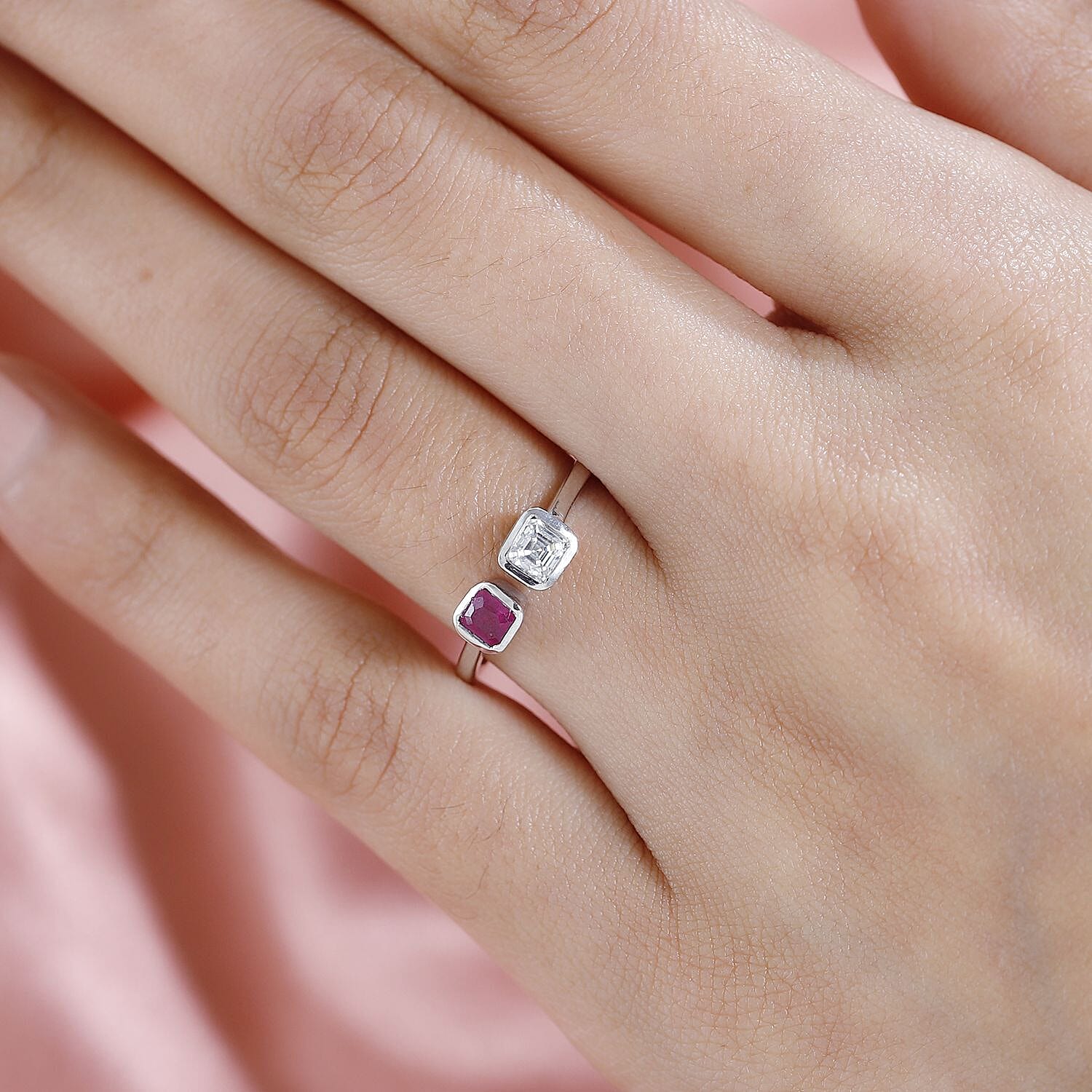 Ruby Asscher & Moissanite Cuff Ring in Platinum Overlay Sterling Silver