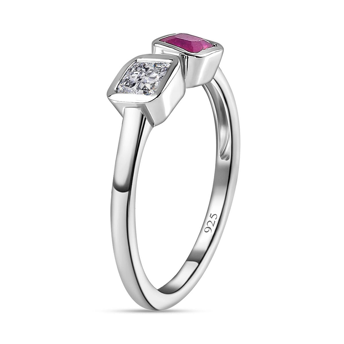 Ruby Asscher & Moissanite Cuff Ring in Platinum Overlay Sterling Silver