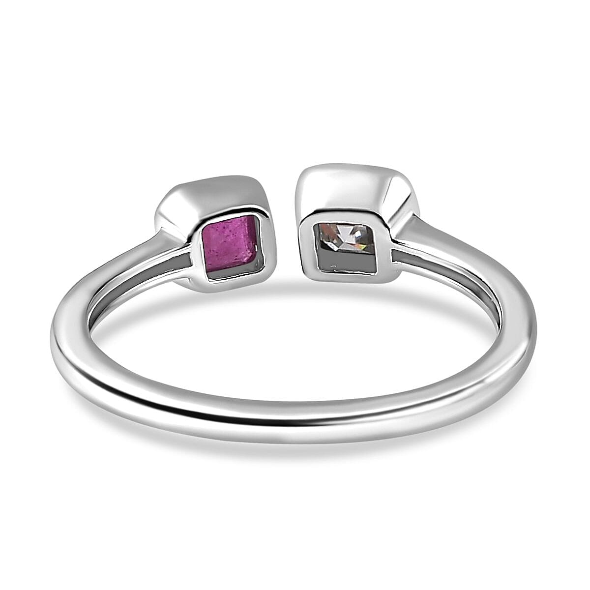 Ruby Asscher & Moissanite Cuff Ring in Platinum Overlay Sterling Silver