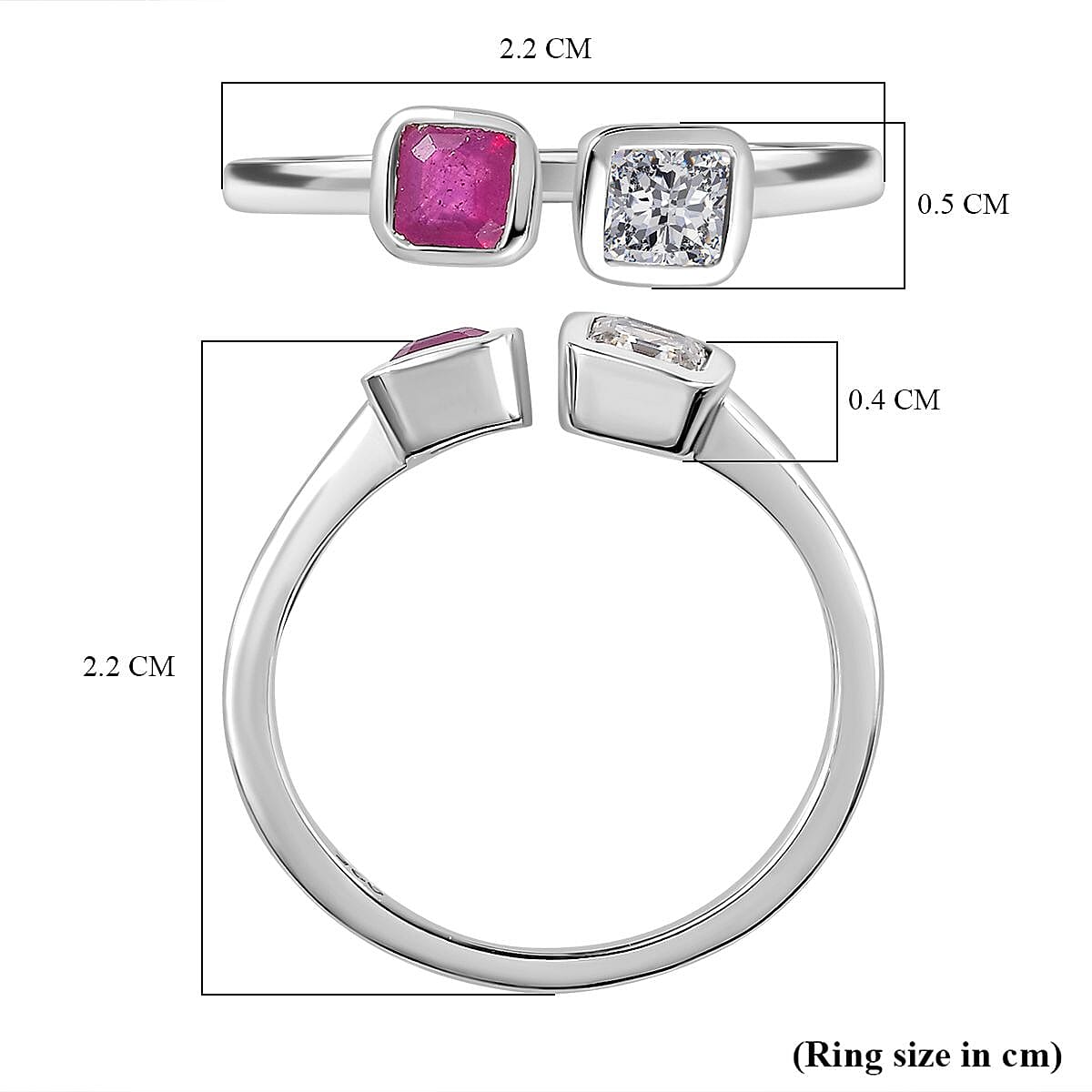Ruby Asscher & Moissanite Cuff Ring in Platinum Overlay Sterling Silver