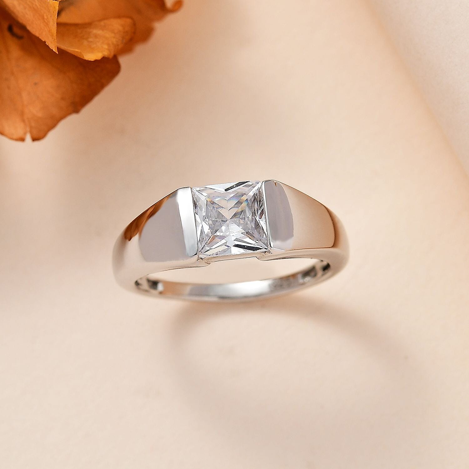 Cubic Zirconia Solitaire Ring in Platinum Overlay Sterling Silver