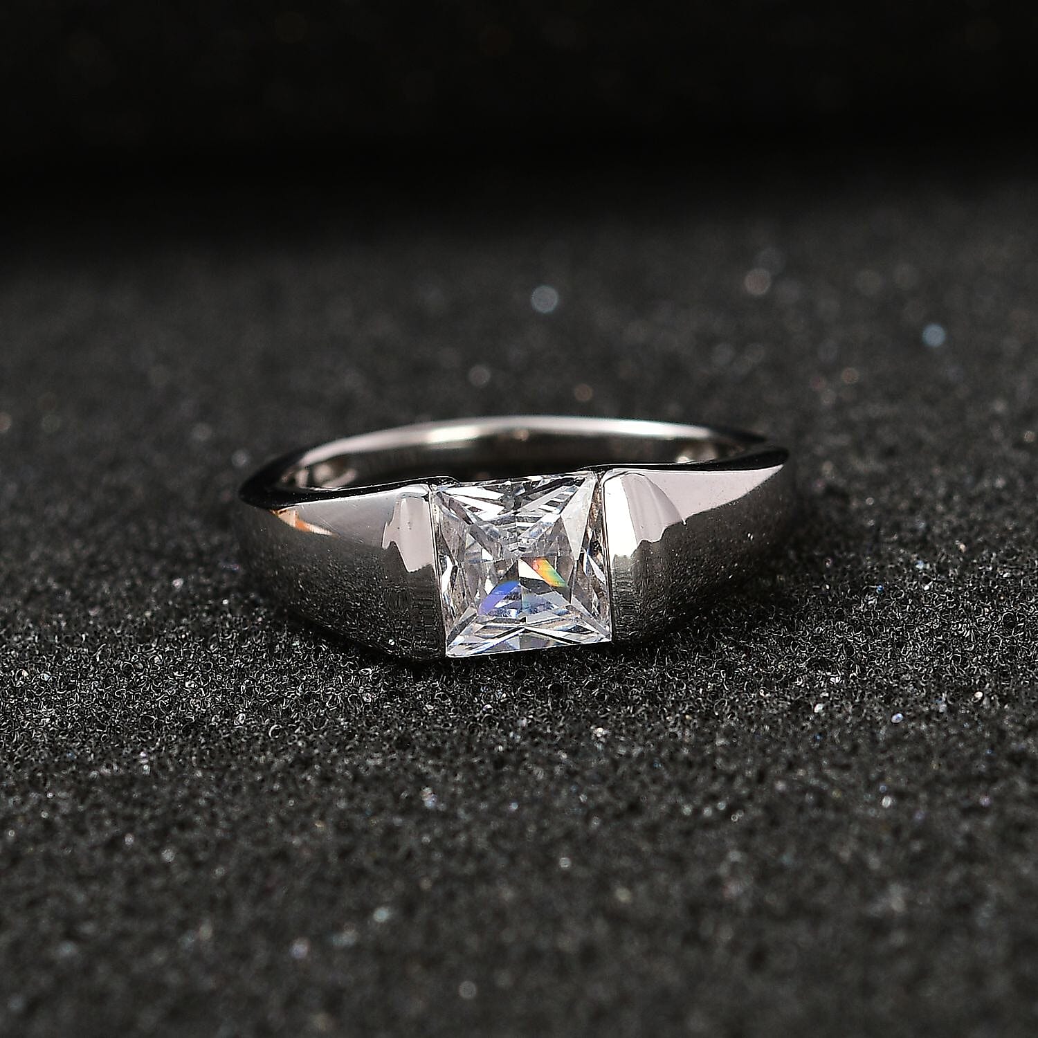 Cubic Zirconia Solitaire Ring in Platinum Overlay Sterling Silver