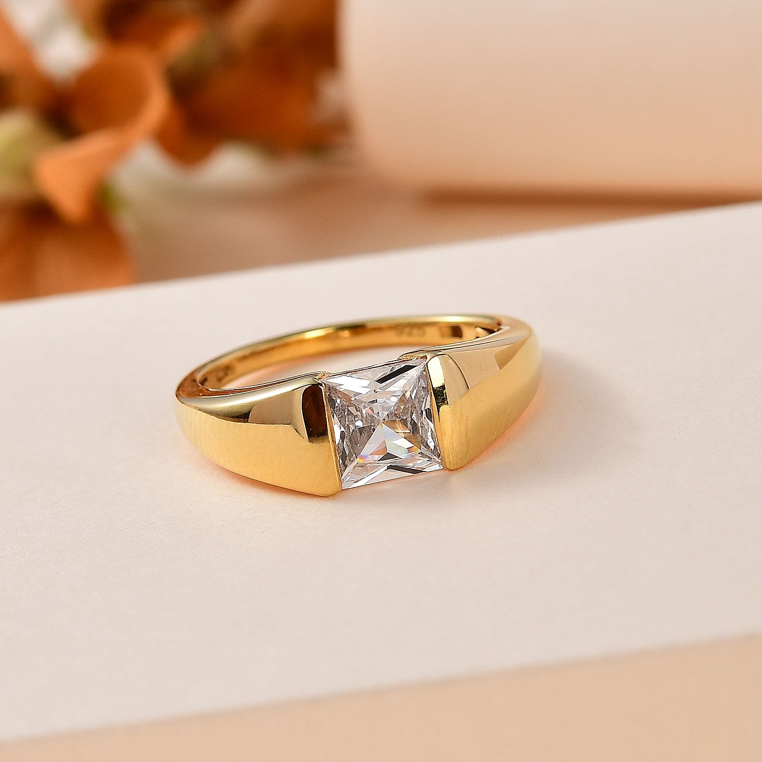 Cubic Zirconia Solitaire Ring in 18K Yellow Gold Vermeil Plated Sterling Silver