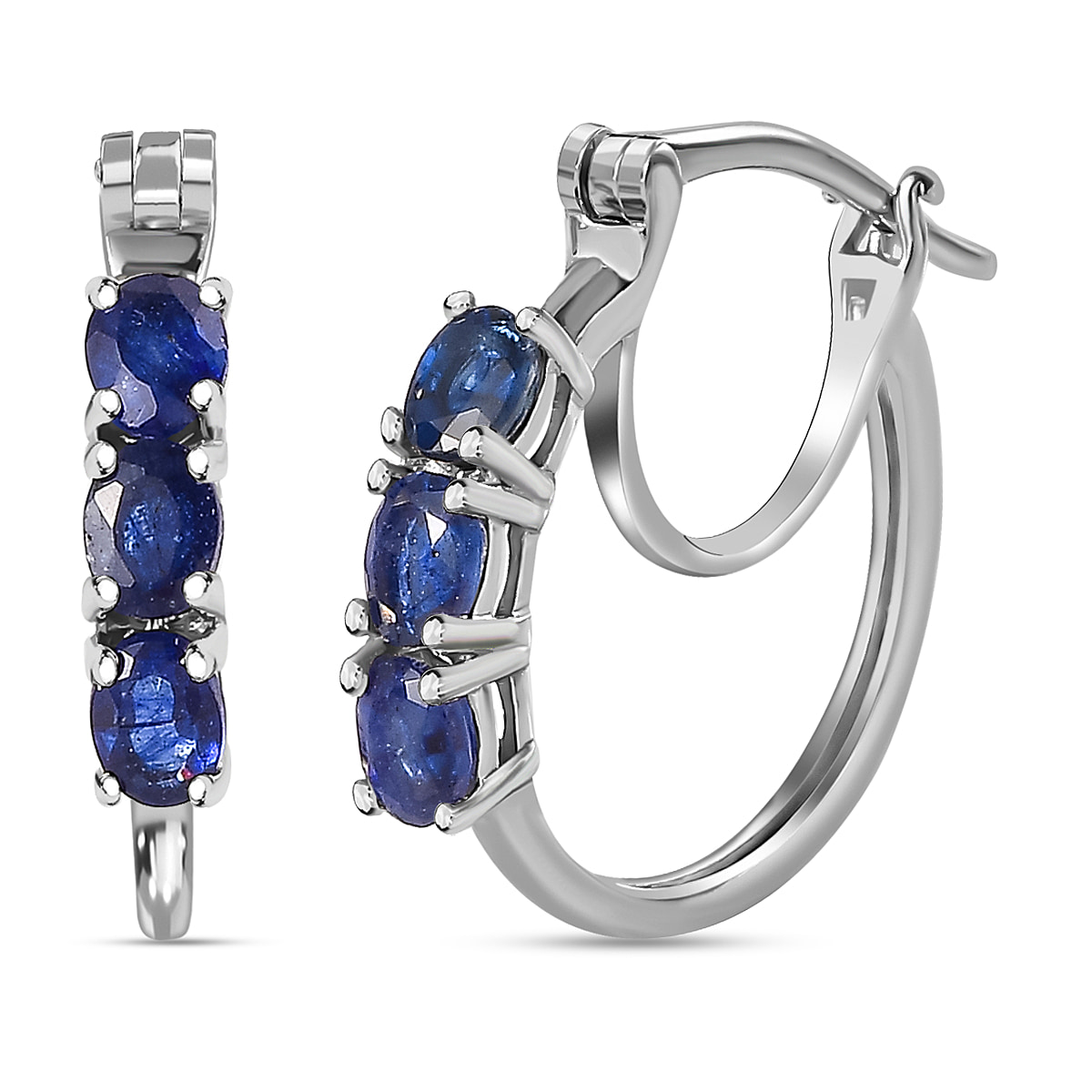 Fissure Filled Blue Sapphire Hoop Earrings in Platinum Overlay Sterling Silver 1.608  Ct.