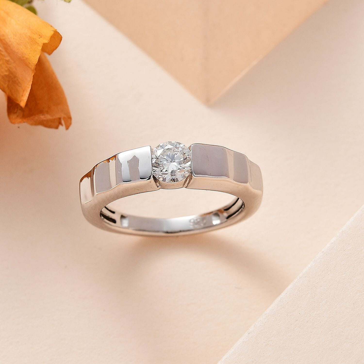 Moissanite Solitaire Band Ring in Platinum Overlay Sterling Silver