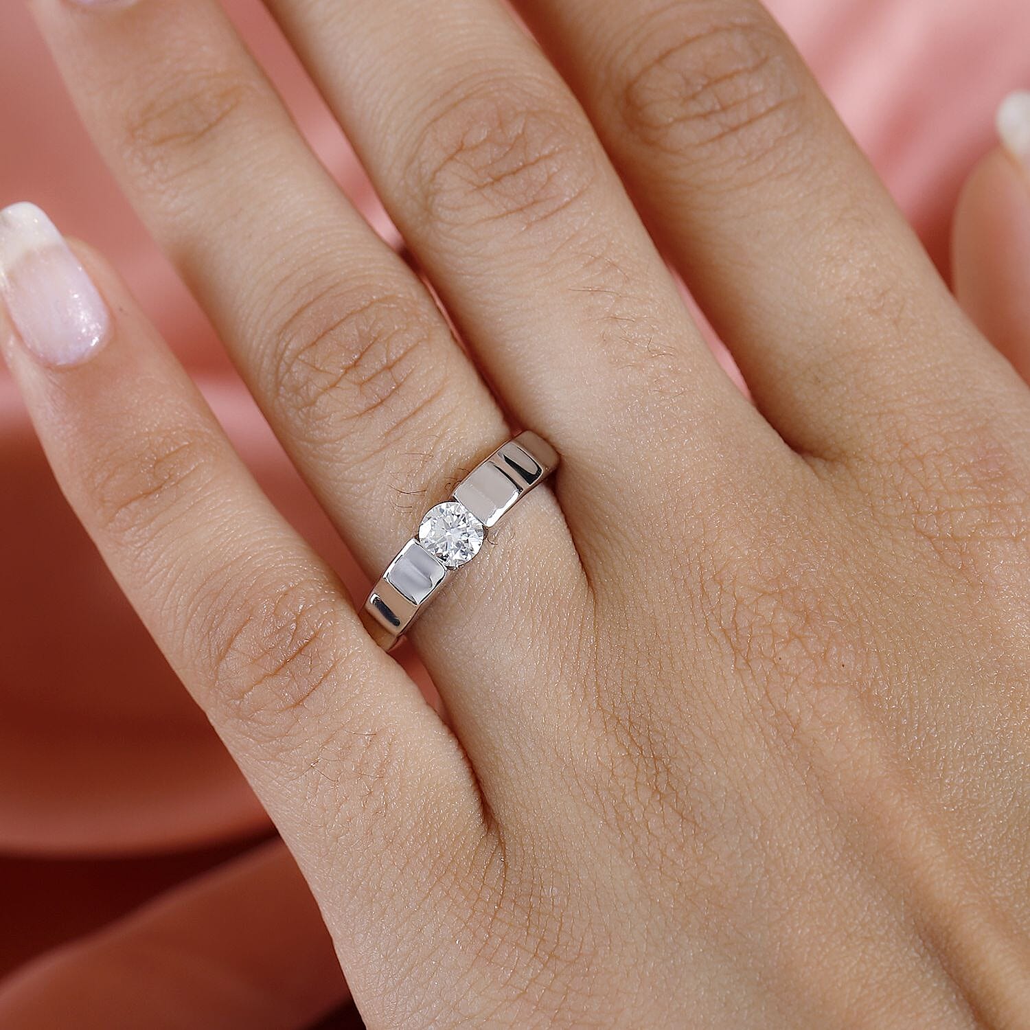 Moissanite Solitaire Band Ring in Platinum Overlay Sterling Silver
