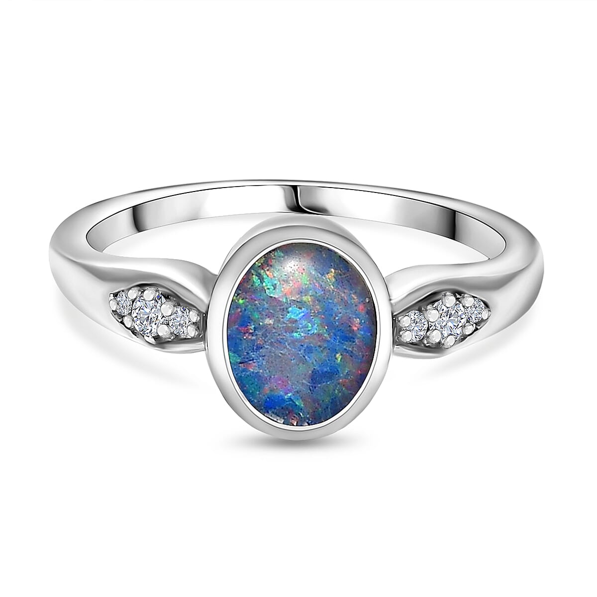 Boulder Opal Triplet & Natural Zircon Ring in Platinum Overlay Sterling Silver 1.10 Ct