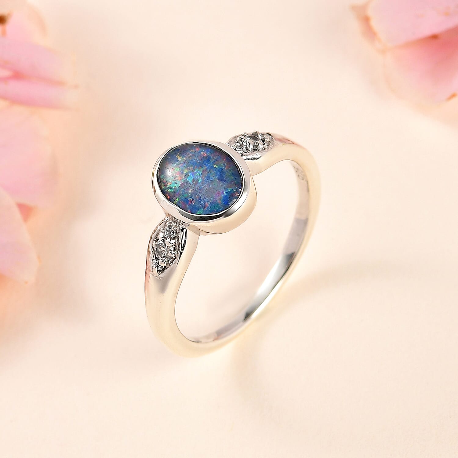 Boulder Opal Triplet & Natural Zircon Ring in Platinum Overlay Sterling Silver 1.10 Ct