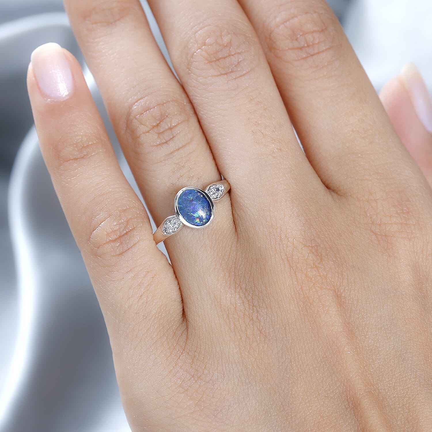 Boulder Opal Triplet & Natural Zircon Ring in Platinum Overlay Sterling Silver 1.10 Ct