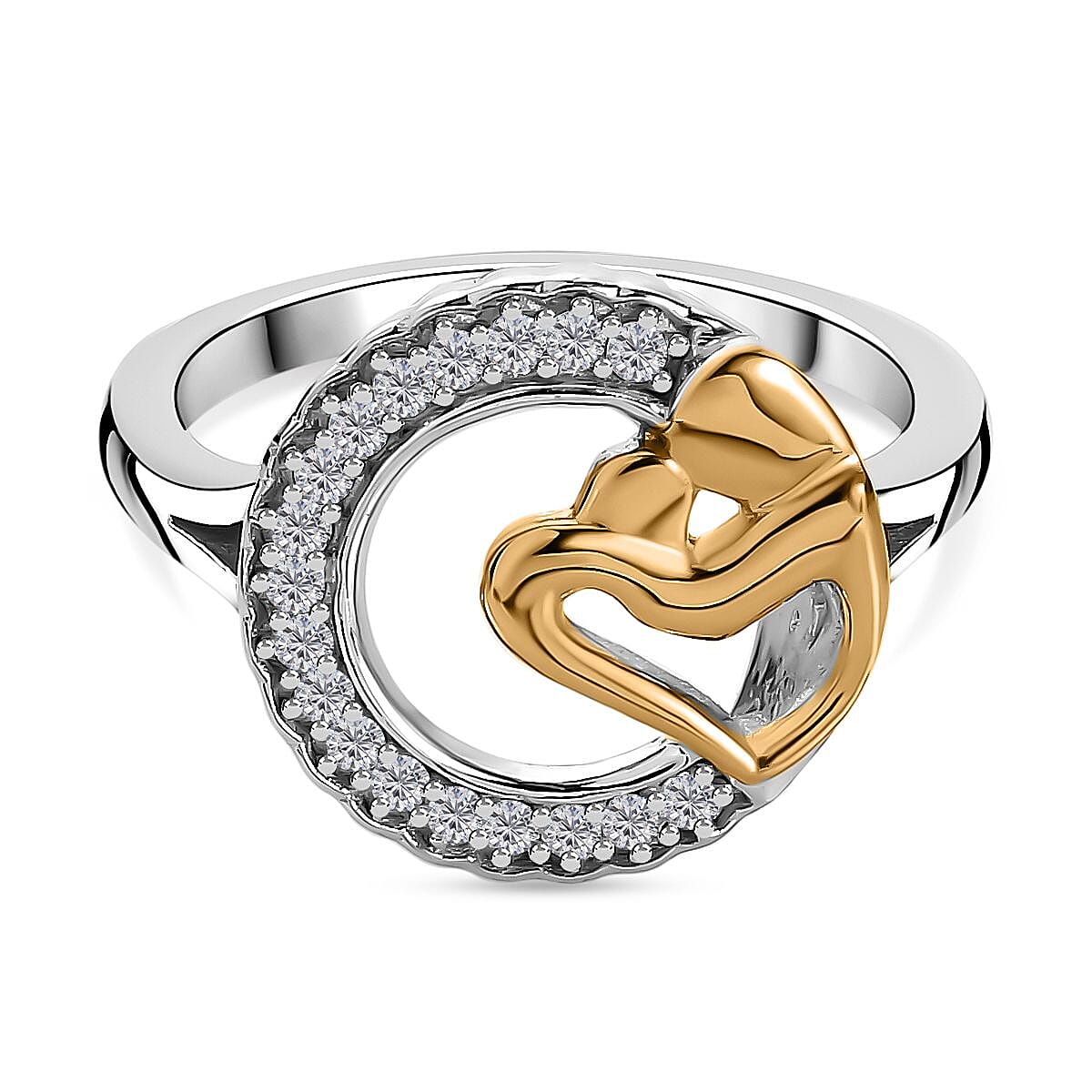 Moissanite Mother-Child Heart Ring in Platinum and 18K Vermeil Yellow Gold Plated Sterling Silver