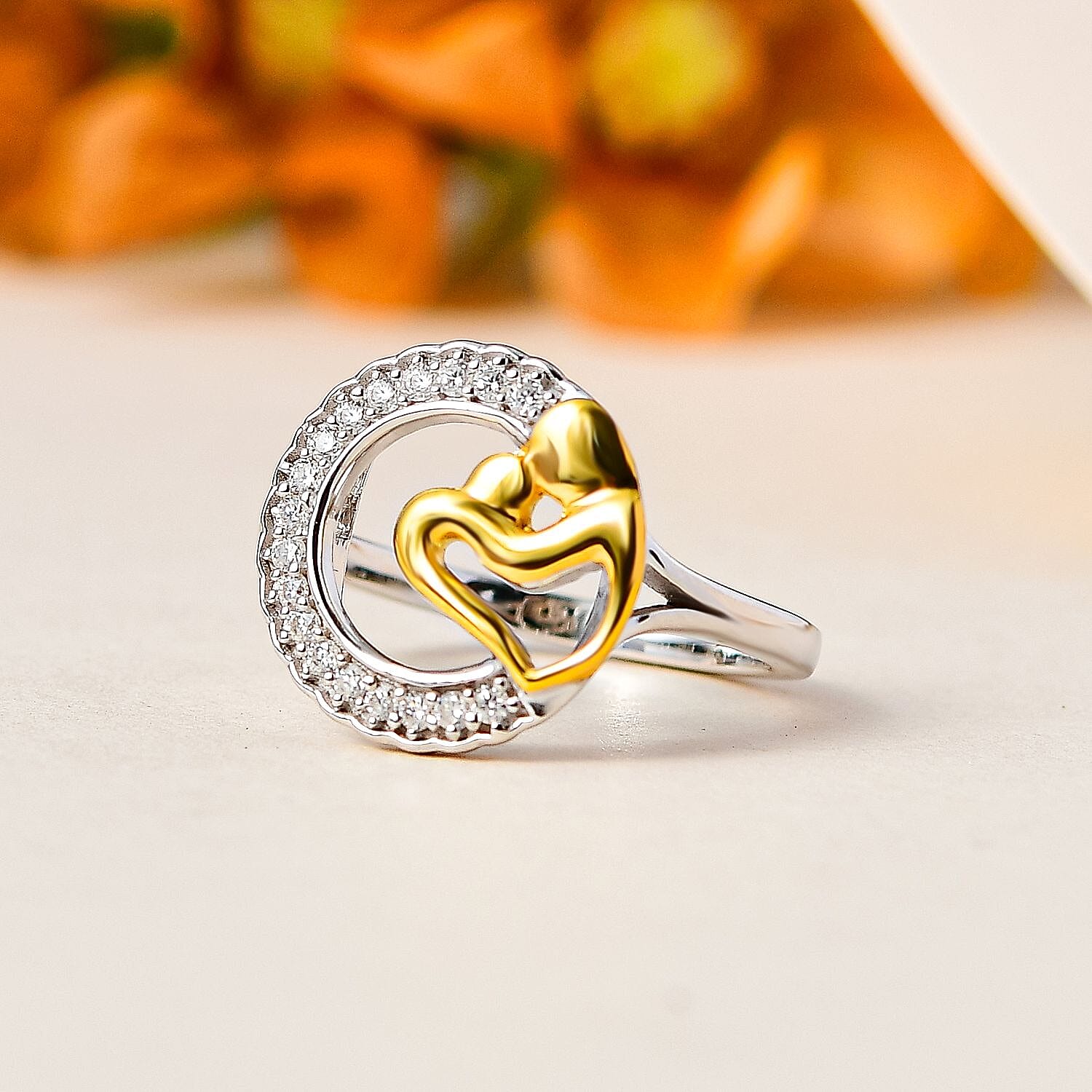 Moissanite Mother-Child Heart Ring in Platinum and 18K Vermeil Yellow Gold Plated Sterling Silver
