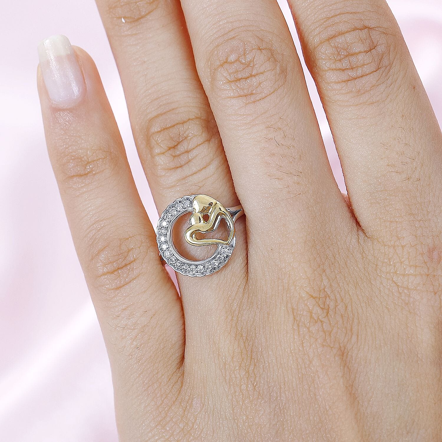 Moissanite Mother-Child Heart Ring in Platinum and 18K Vermeil Yellow Gold Plated Sterling Silver