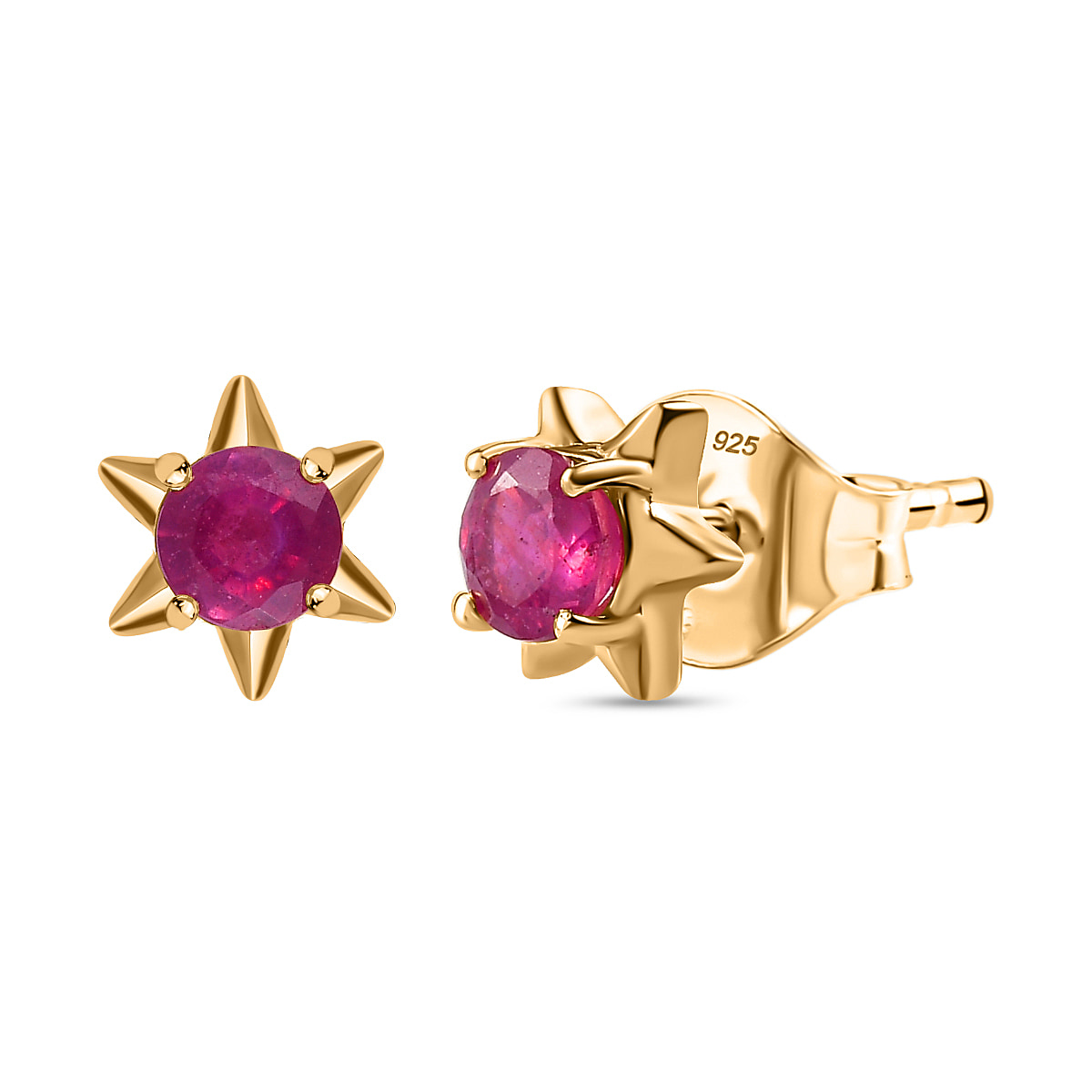 African Ruby Solitaire Star Stud Earrings in 18K Vermeil Yellow Gold Plated Sterling Silver 1.52 Ct.