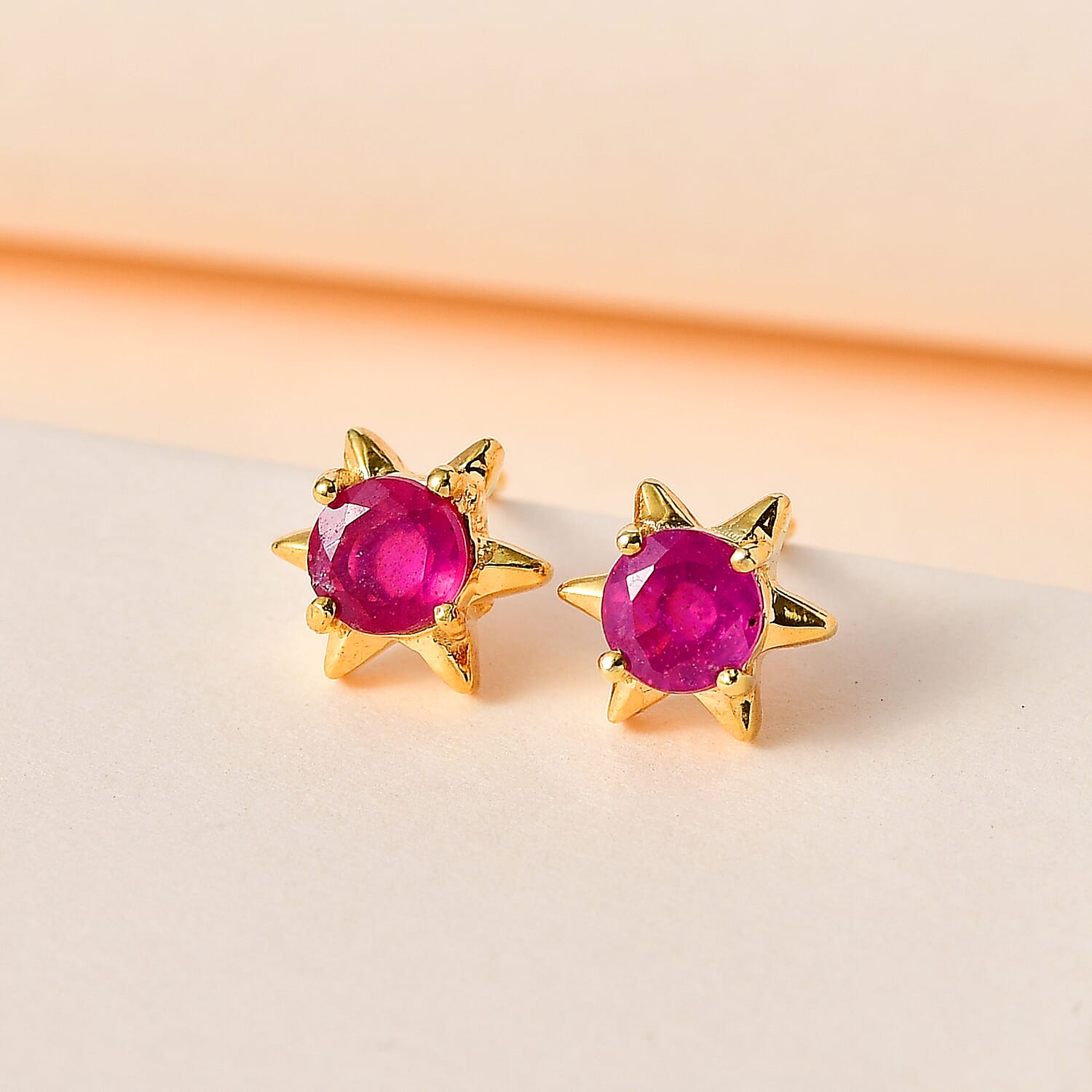 African Ruby Solitaire Star Stud Earrings in 18K Vermeil Yellow Gold Plated Sterling Silver 1.52 Ct.