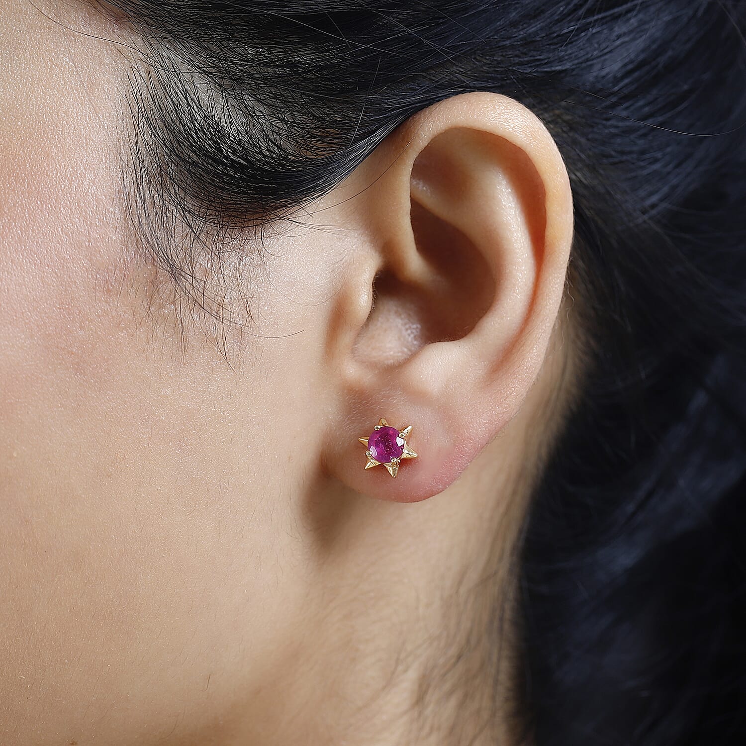 African Ruby Solitaire Star Stud Earrings in 18K Vermeil Yellow Gold Plated Sterling Silver 1.52 Ct.
