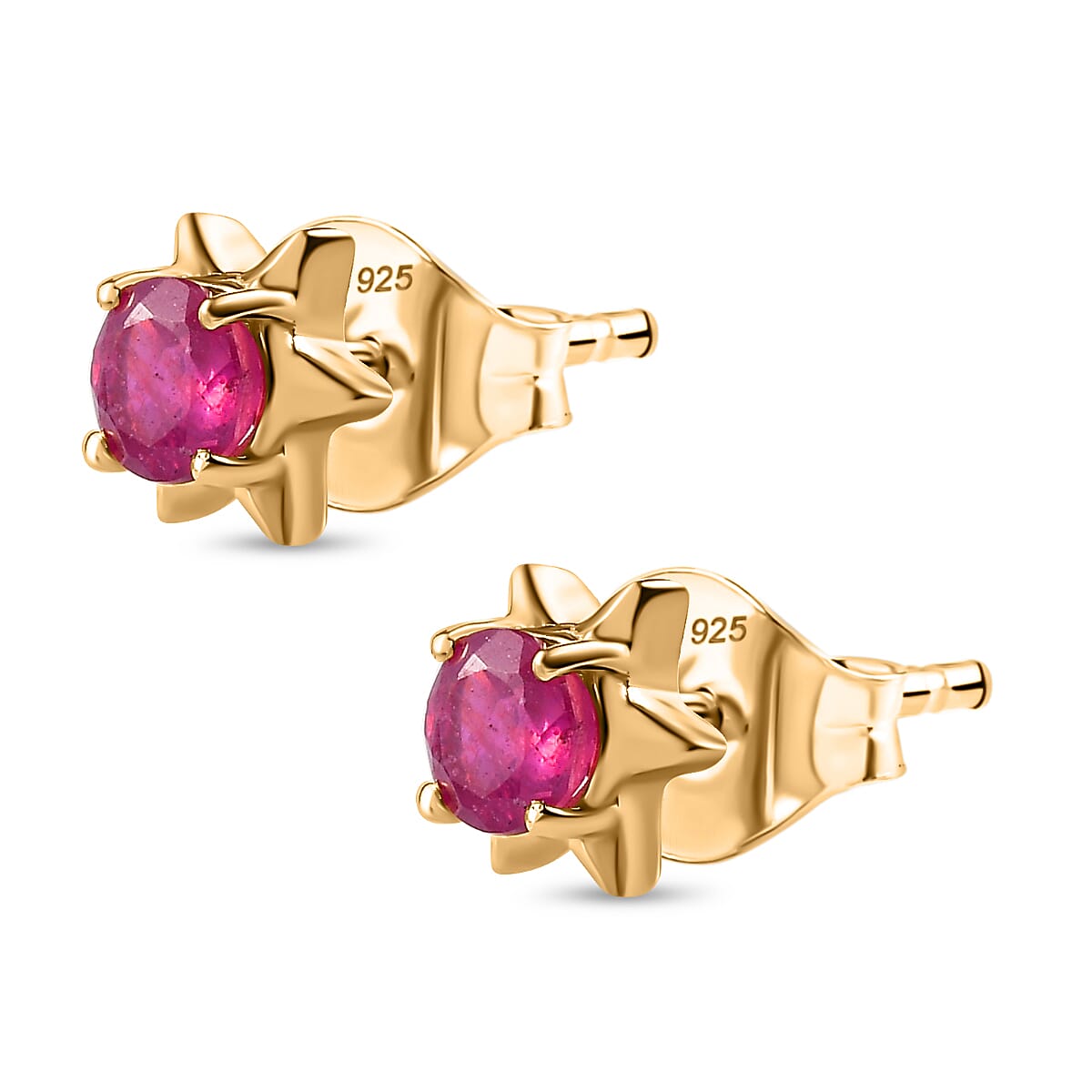 African Ruby Solitaire Star Stud Earrings in 18K Vermeil Yellow Gold Plated Sterling Silver 1.52 Ct.