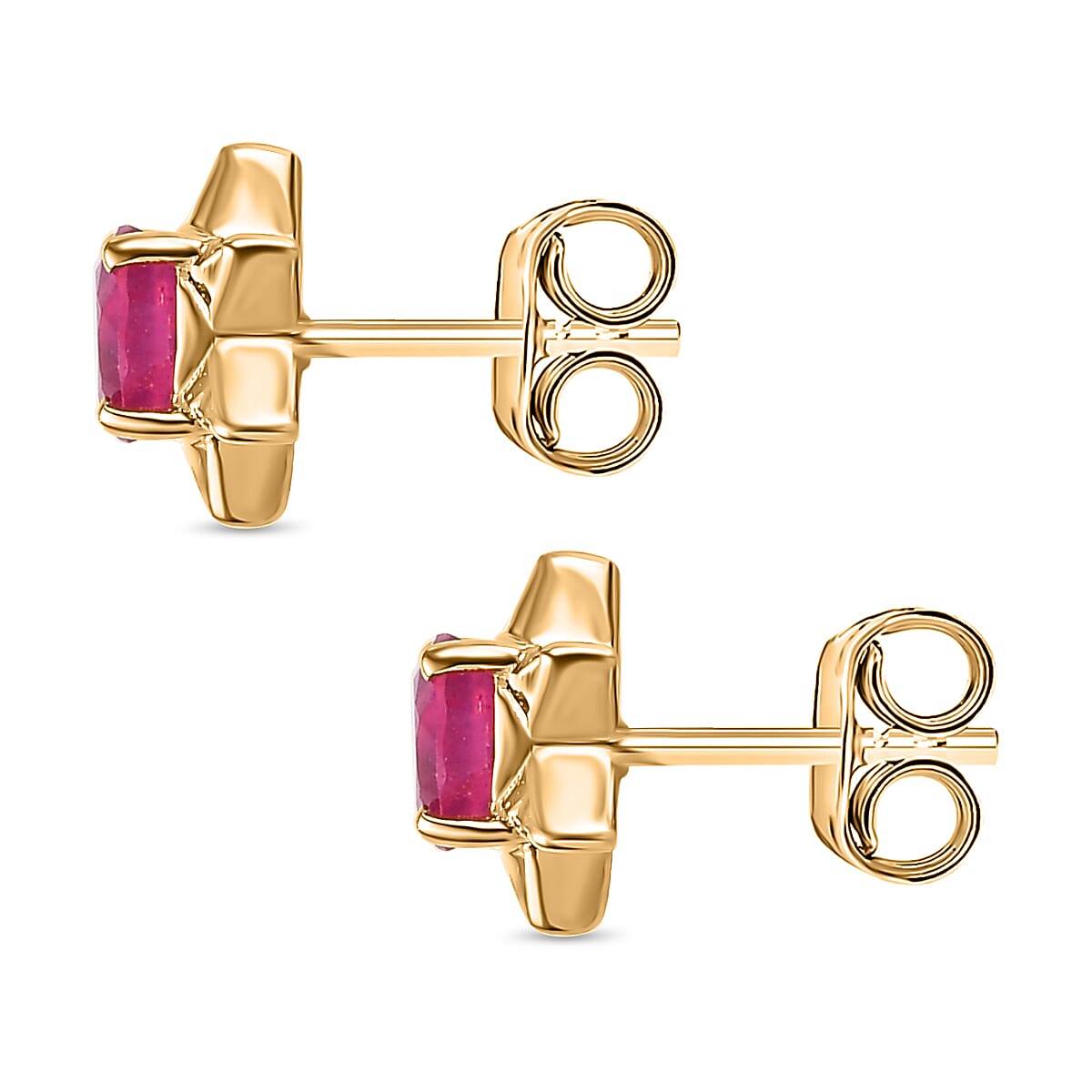 African Ruby Solitaire Star Stud Earrings in 18K Vermeil Yellow Gold Plated Sterling Silver 1.52 Ct.