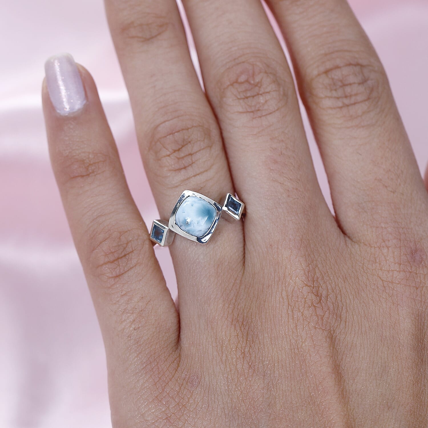 Larimar & Swiss Blue Topaz Ring in Platinum Overlay Sterling Silver 2.44 Ct.