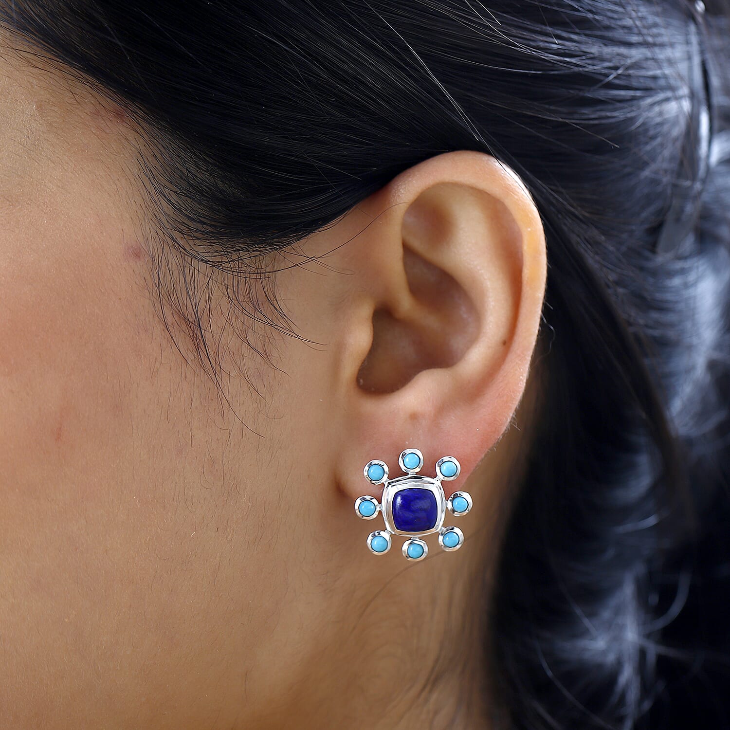 Tucson Special - Lapis Lazuli & Arizona Sleeping Beauty Turquoise Earrings in Platinum Overlay Sterling Silver 5.00 Ct.