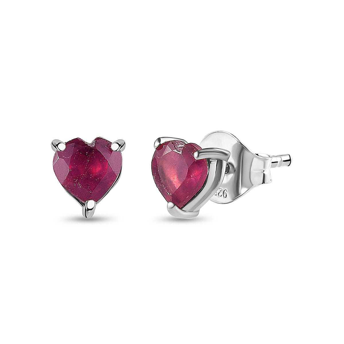 African Ruby Heart Stud Earrings in Platinum Overlay Sterling Silver 1.27 Ct