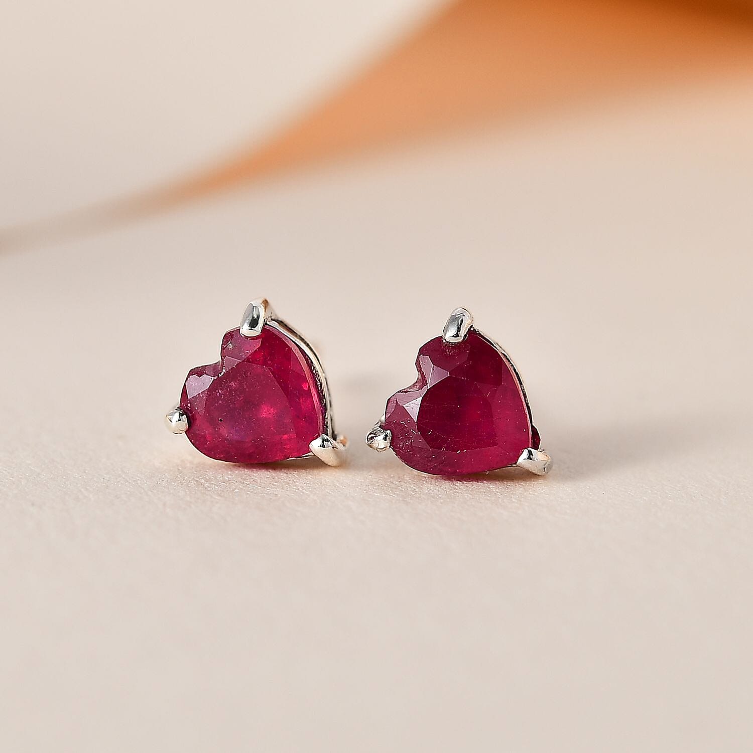 African Ruby Heart Stud Earrings in Platinum Overlay Sterling Silver 1.27 Ct