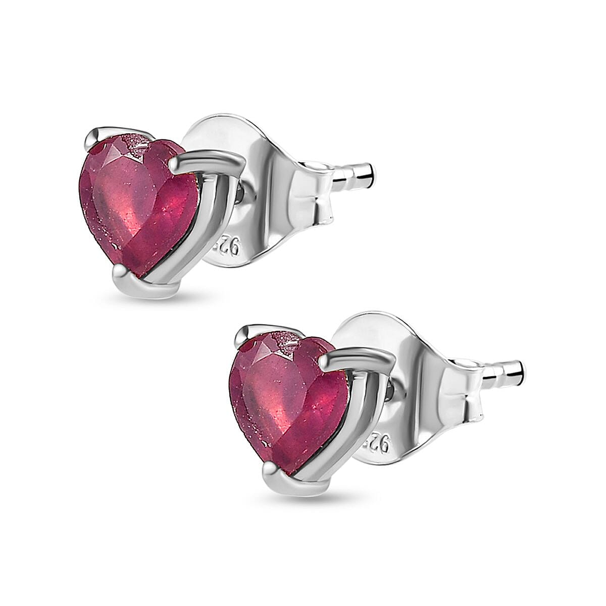 African Ruby Heart Stud Earrings in Platinum Overlay Sterling Silver 1.27 Ct