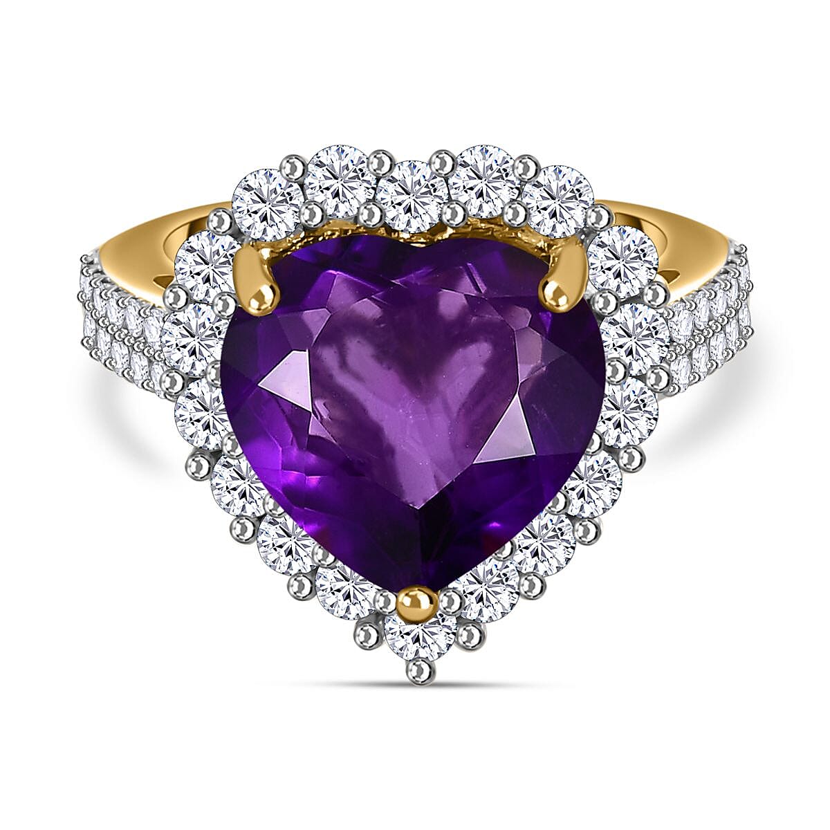 Amethyst & Natural Zircon Heart Ring in 18K Vermeil YG Plated Sterling Silver 7.00 Ct