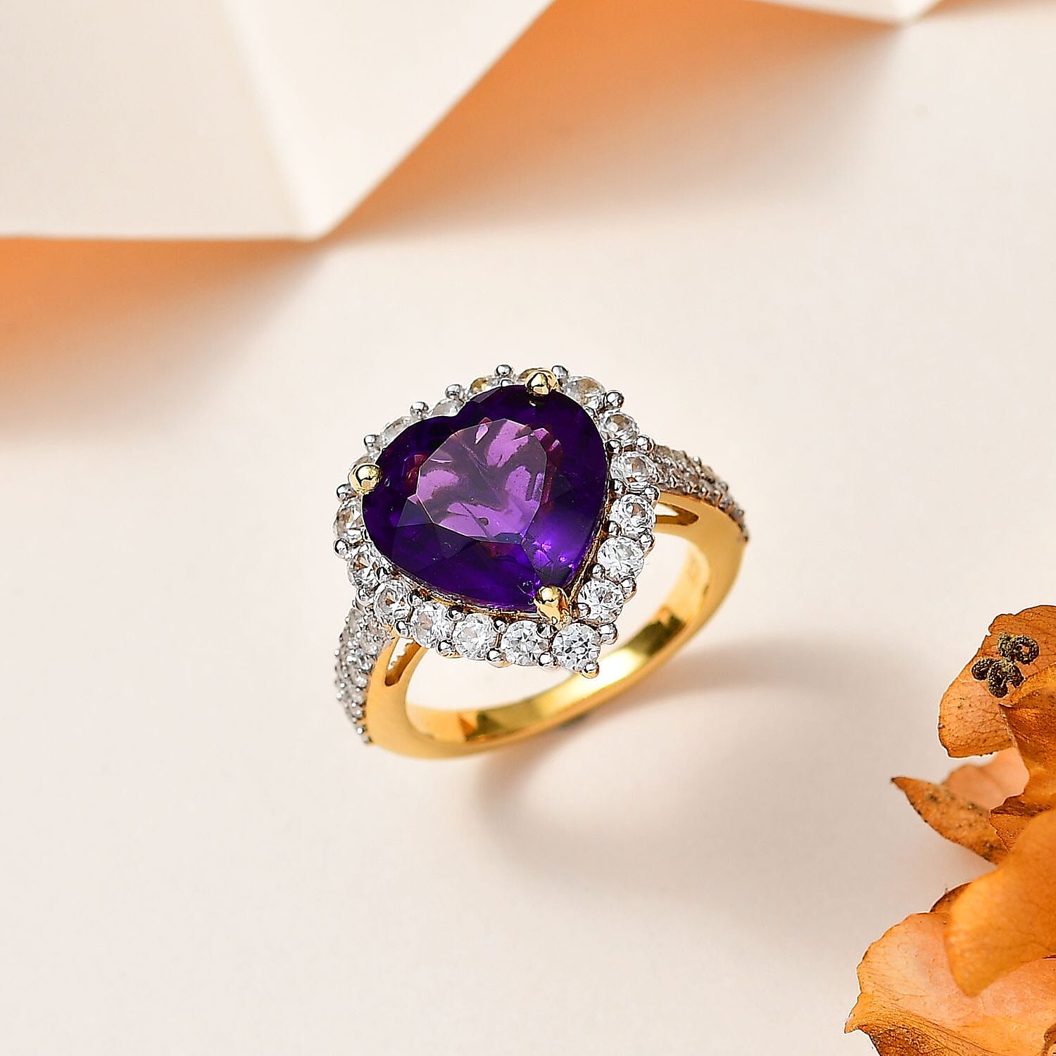 Amethyst & Natural Zircon Heart Ring in 18K Vermeil YG Plated Sterling Silver 7.00 Ct